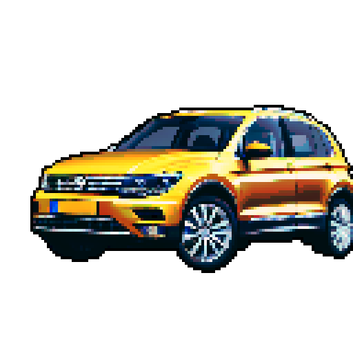 Photorealistic whole Volkswagen Tiguan, centered, three-quarter view, right front wheel, clean background, realistic colors, pixel art style
