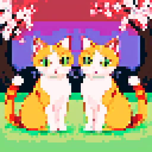 Siamese Japanese cats with pixel art style, vibrant colors, expressive eyes, delicate fur, traditional patterns, cherry blossom backdrop