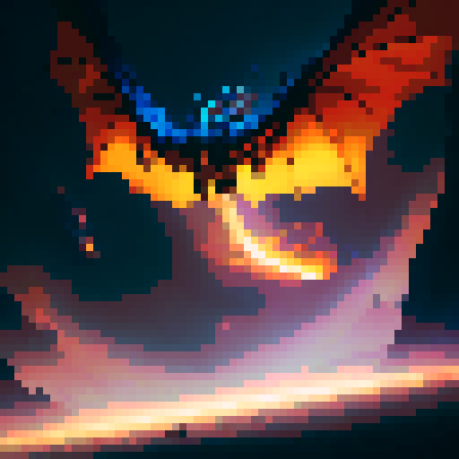 Fiery dragon with shimmering scales, wings spread wide as it soars through a cloudy sky, spewing flames from its monstrous jaws with a backdrop of a mystical kingdom in a fantasy RPG style