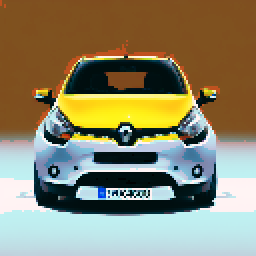 Photorealistic whole Renault Clio, centered, three-quarter view, right front wheel, clean background, sRGB colors, pixel art style