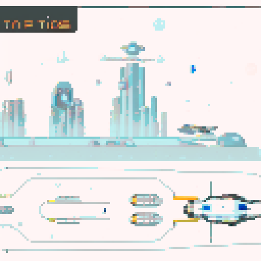 space ship, top down view, retro, pixelated, vibrant colors, sleek design, futuristic, glowing engines, stars in the background, cockpit window, control panel, blinking lights, joystick, solar panels, exhaust trails, floating asteroids, alien planets