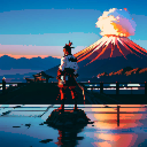 Japanese samurai, on top of mountain, with unweilded sword full of blood dipping onto the floor, and with view of a burning shrine and Mt Fuji in the background.