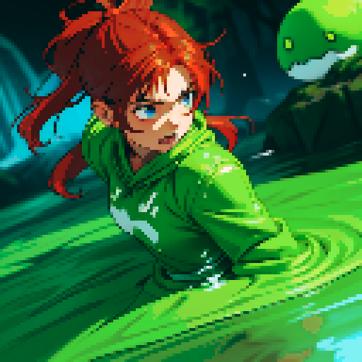 hero sinking into slime, hero drowning in slime, hero has red hair