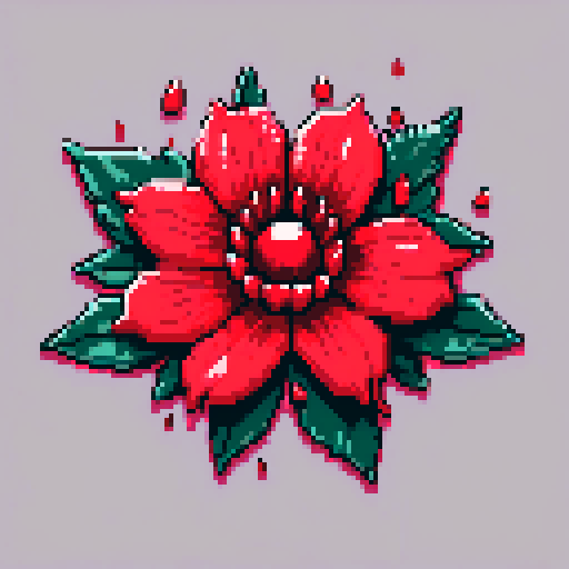 flower with vibrant red petals, oozing crimson droplets, adorned with sharp thorns, resting delicately on a handwritten love note, pixel art, sRGB color space