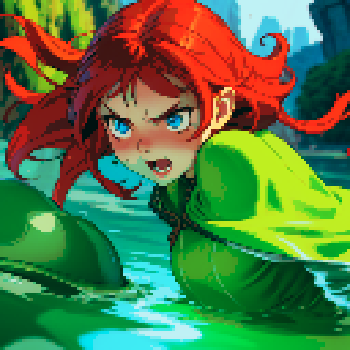 hero sinking into slime, hero drowning in slime, hero has red hair