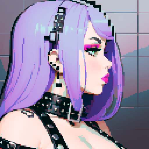 Side view of curvy, busty goth babe with studded collar. Full face portrait, 
 glamour shot. tile backsplash. Edgy aesthetic 
