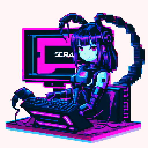 cute cyberpunk scorpion with human head, human head is from anime inspired character with vibrant hair, expressive eyes, and a playful smile, scorpion is playing computer games, tables with potato chips and coca cola, scorpion's tail should be fully in the picture