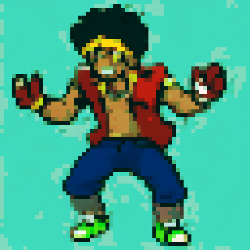 Please create four different altenate, silly stances for this trainer sprite of Jerome, the silly main xqc fan rival. 64x64, magenta/transparent background. different stances. They should be like Pokemon Emerald/Firered/Leafgreen sprites, shaded, same clothes and afro