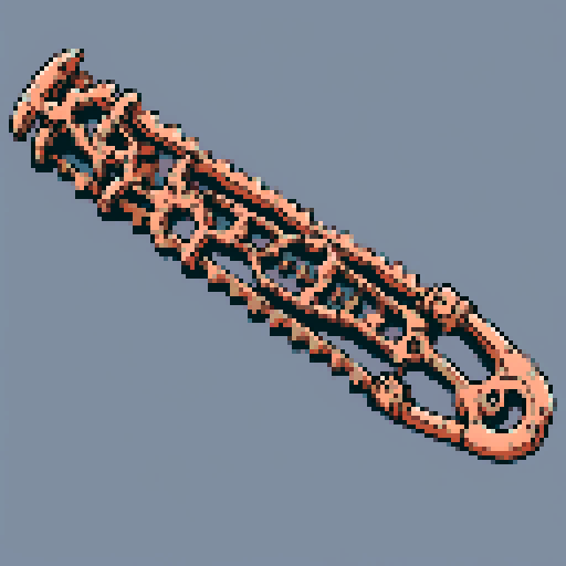 I want a copper structure reminiscent of an ancient magical chainsaw. It should look huge (10 meters long at least), very complex and expensive, and very old. I also want this object usable an asset in a videogame, meaning only one object per image, outlined with a strong black stroke, on a solid-color background.