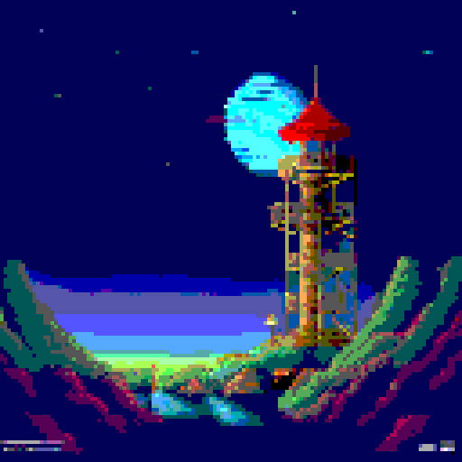 huge observation tower atop a mountain, distant view, black night sky, twinkling glowing stars, sRGB, pixel art, background, landscape