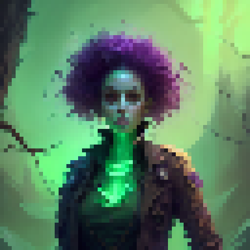 Goth girl with glowing green eyes, sitting in a dark forest surrounded by twisted trees and cauldrons, casting a spell with her hands covered in black lace gloves.