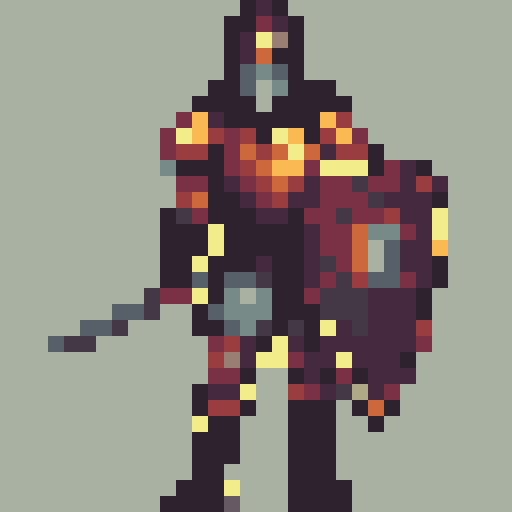 valiant knight, brown-haired, no helmet, wielding sword and shield, shield embossed with golden "V", oblique side view. character sprite