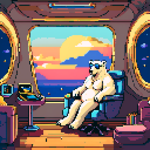 "An 8-bit pixel art of a polar bear lounging in a luxurious private jet. The bear, adorned with gold chains, sunglasses, and a snapback, sits in a plush leather seat, sipping a drink while holding a tablet displaying cryptocurrency charts. The cabin features sleek, modern design with LED accents, stacks of crypto coins on a side table, and large windows revealing a stunning view of clouds and a sunset, blending wealth and crypto success with high-altitude luxury."