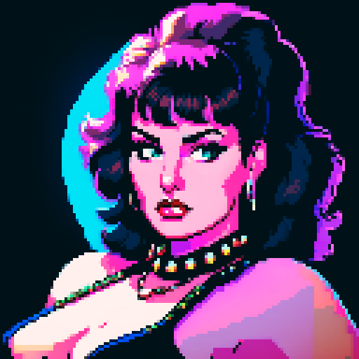 curvy, busty 1980s rocker babe with studded collar. Portrait of head, in a close up glamour shot. Wearing Halter top. Neon lighting, modern tile backsplash