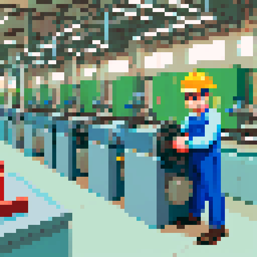 Blue collar male worker operating machinery in a production facility
