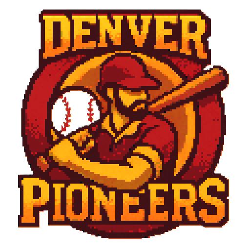 Pixel art of a fictional baseball team called the Denver Pioneers. red, orange and gold, sharp outlines, and soft pixel shading. The logo design mimics 80s MLB logos. Use a vibrant Sega Genesis 16-bit style with selective dithering, geometric forms, and nostalgic retro charm. Avoid modern gradients—keep it pure pixel art.
