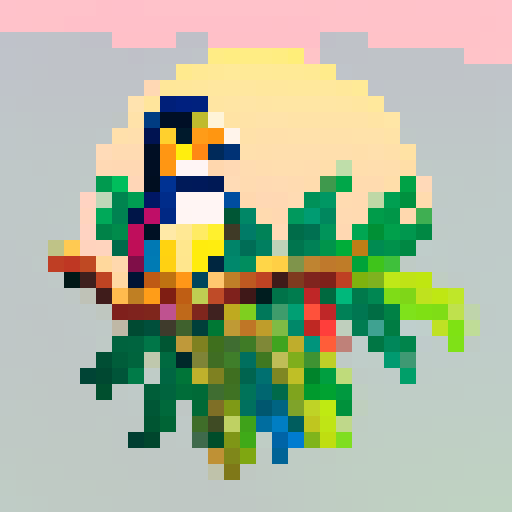 cute toucan, vibrant feathers, perched on a leafy branch, surrounded by lush greenery, against a sunset backdrop, pixel art style