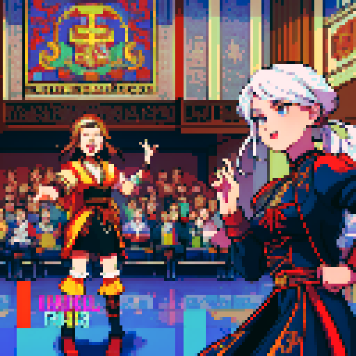 delegates passionately arguing inside of German Federal Parliament, vibrant colors, pixelated details, iconic architecture, retro video game aesthetic, animated pixel art, meticulously crafted characters, intricate pixel patterns, dynamic lighting, immersive atmosphere, high-energy debate, expressive facial expressions, animated gestures, traditional German clothing, historical significance