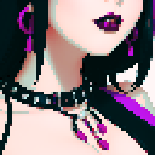 curvy, busty goth, cute goth woman's face, black hair, purple eyeshadow, red lipstick, studded leather string bikini, face portrait, beauty photo, vibrant sRGB colors, pixel art