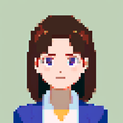 minister of economy, brown hair, close-up, confident stance, anime style, pixel art, suit, front view, 30-years-old, front view, bust, middle-part-hair