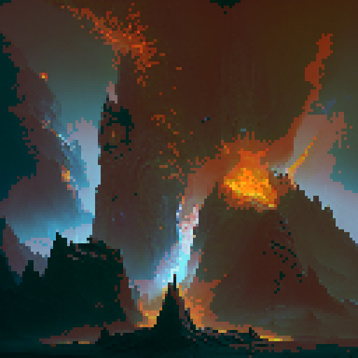 Evil wizard tower and volcano in background. Darker colors. Medieval.