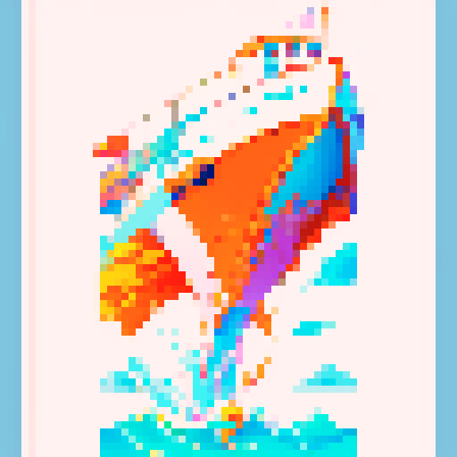 boat with billowing sail, shimmering waves, vibrant orange and pink hues, pixelated art style, sRGB, pixel art, 20 colors used