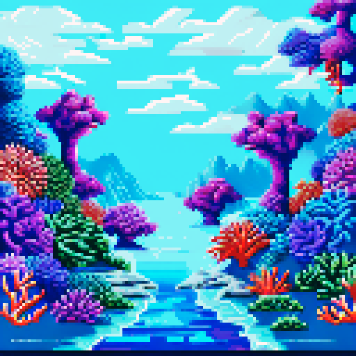 Deep sea underwater background with pixel art sea creatures, vibrant colors, detailed coral reefs, and a serene sRGB landscape, blue and red tones cyberpunk. Exclude any clouds, background must be water with light reflections