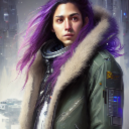 Long-haired Arasaka netrunner with glowing cybernetic implants, calmly hacking into a grey-lit dystopian future, captured in a stunning Fantasy RPG portrait.