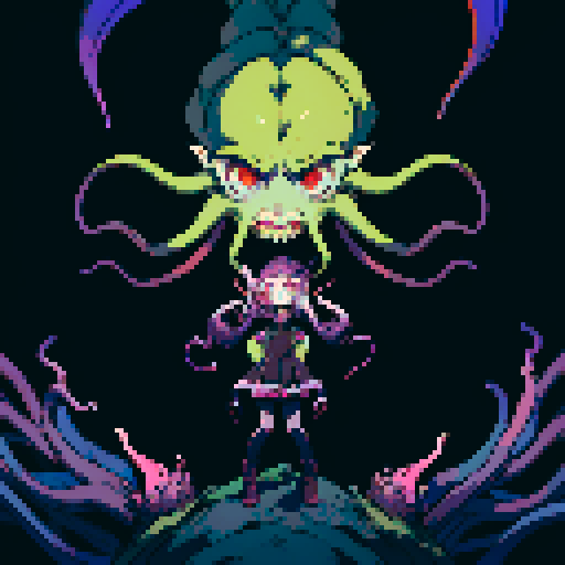 eldritch being, tentacles writhing, full body floating, brain pulsating, many eyes staring, eyeballs bulging, no humans, monsyer, sRGB pixel art