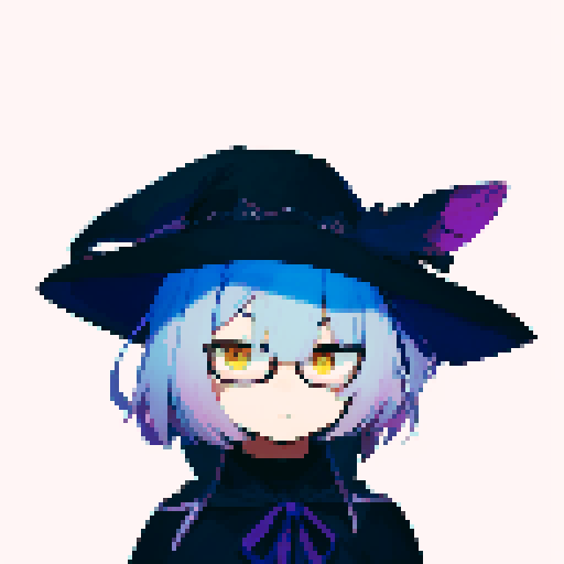 male, symmetrical face, closed mouth, yellow eyes, hair between eyes, solo male, straight-on, facing viewer, light blue hair, bob cut, white pupils, tsurime, pepekekeko, long bangs, flowing sleeves, capelet, perfect anatomy, blunt bangs, intricate details, witch hat, feather, glasses, pixel art, sRGB, anime, grumpy
