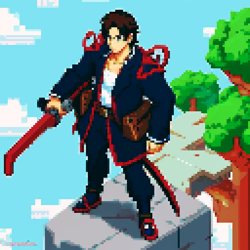Best Quality,Anime Male,Dashing,Pixel art,weapon in hand,with creature attached to body