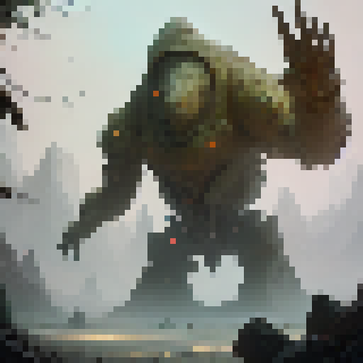 Rustic, earthy, and gritty.

        A towering Stone Golem emerges from the misty forest, its rough rocky exterior adorned with glowing emerald moss and veins of molten lava.