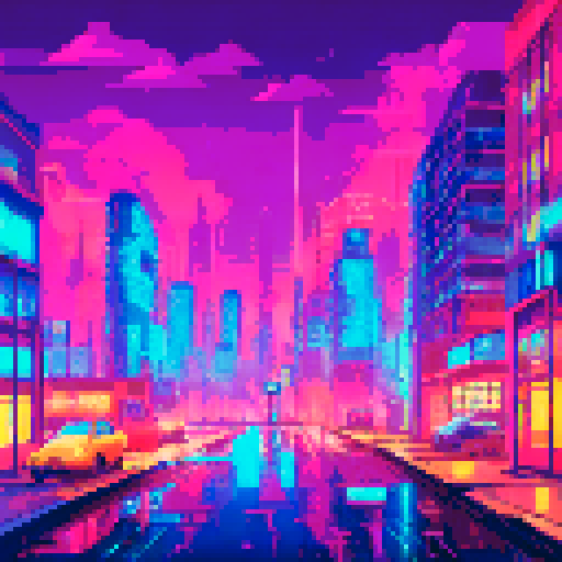 neon-tinted raindrops, liquid light ripples, puddle-covered ground, towering skyscrapers reflections, glowing signs, surreal pixel art