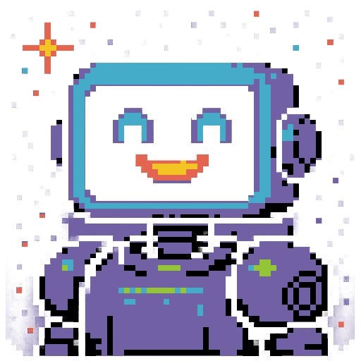 Friendly robot with rectangular monitor head, pixelated eyes and mouth, space aesthetics, game icon, 64x64 pixel art, sRGB, skill art, close up portrait
