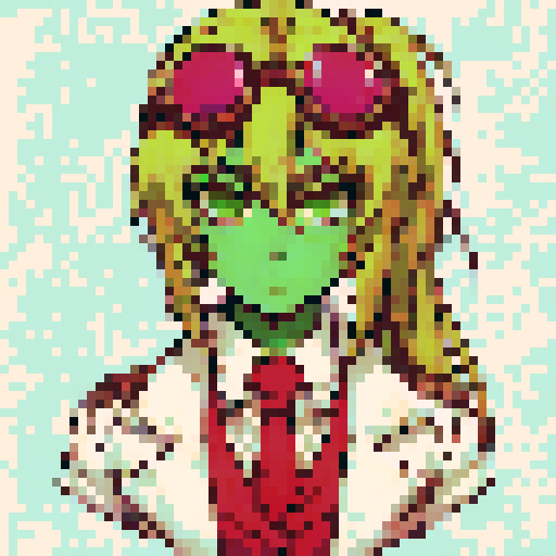 Zombie with green skin, shoulder length blonde hair styled with straight bangs covering the forehead, and a high ponytail, green eyes with a neutral expression and slight frown, wearing large pinkish red goggles on top of the head, a white jacket, red vest and red tie underneath, white shirt with visible collar, set against a pixel art background depicting a serene, sRGB landscape