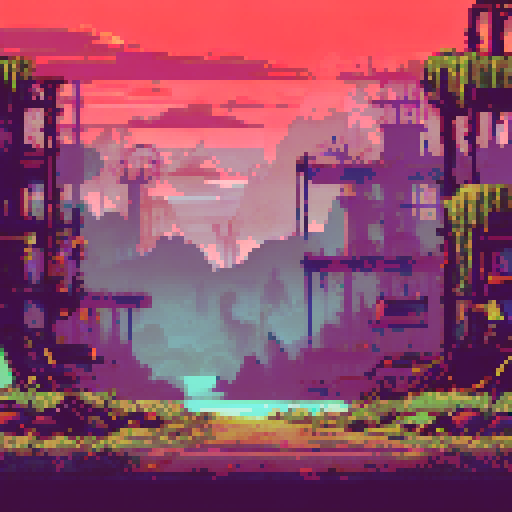 post-apocalyptic factory, hidden in the woods, abandoned machinery, rusted pipes, overgrown vines, decaying buildings, shattered windows, eerie silence, nature reclaiming, vibrant pixelated colors, sRGB palette, atmospheric landscape