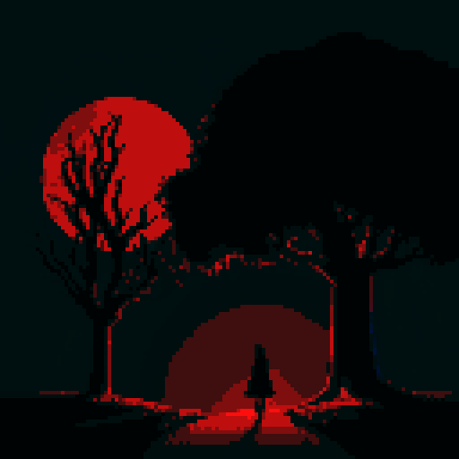pixelated, shadowy silhouette, twisted trees, ominous moonlight, hidden secrets, sinister figures, eerie fog, blood-red sky, haunting atmosphere, mysterious pathways