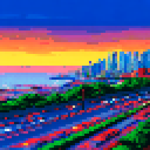 Monaco skyline at dawn, overlooking the azure sea, with a pixelated Formula 1 car zooming past in the foreground against a vibrant sRGB background