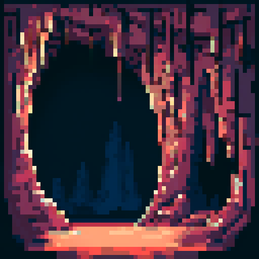 Dark, damp cave with uneven walls and stalactites, ancient inscriptions and drawings on the walls, deep rock extension, faint light revealing hidden tunnel, pixel art, sRGB