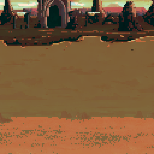 Desert-like battlefield with reddish-brown earth and scattered stones, leading to a mystical village. Ancient structures with arched doors and carved details stand among stone pillars and barren trees. A warm, dusty sky creates a surreal atmosphere, blending earthy tones with hints of mystery and decay.