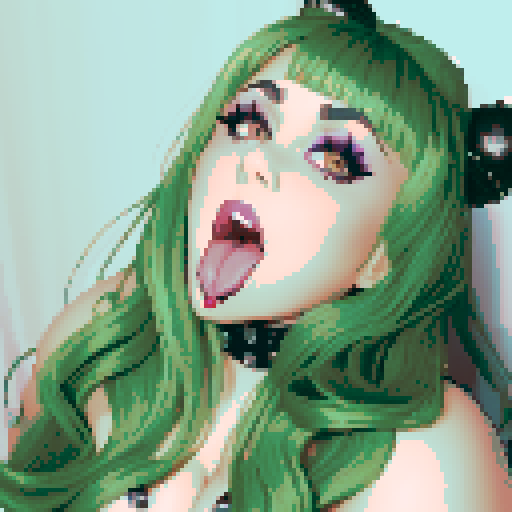 thicc, curvy, seductive busty goth babe with studded collar, long purple hair in buns, fishnet stockings, orgasmic aroused nude big titty goth in a nude sexy pose, pixel art, sRGB