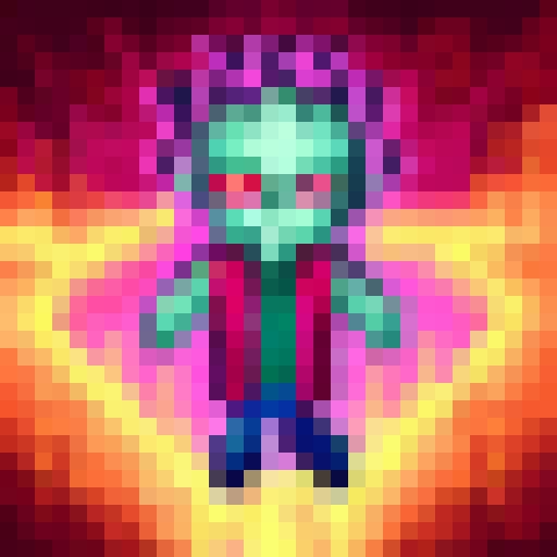 Ekko, the time-bending champion, dashes through a neon-lit cityscape, his hair and jacket trailing behind him in a pixelated 32x32 art, running.