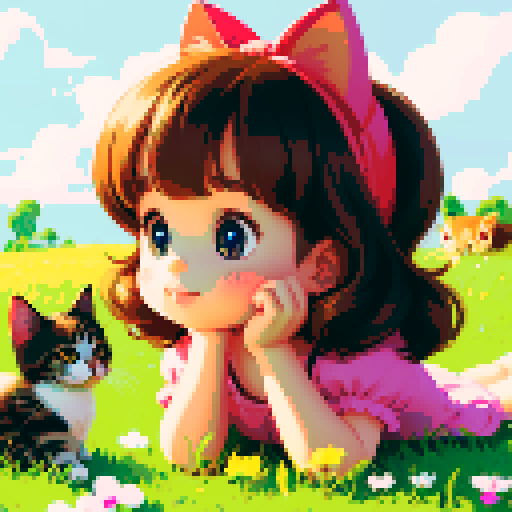 little cute girl lies on the grass and looks at the kitten