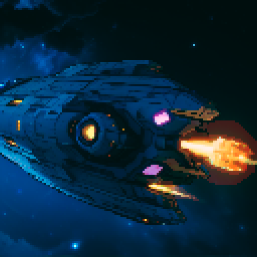 spaceship with sleek metallic exterior, glowing engine fires, starry backdrop, vibrant pixel art, sRGB colors