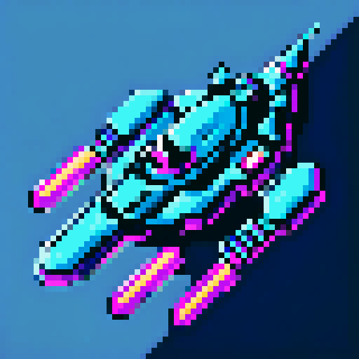 16-bit pixel art small spaceship, blocky silver hull with tiny rust dots, glowing cyan engines on the back, flying fast with a thin cyan-magenta hyperspace trail streaming behind it, no background, SNES retro style, 64x64px grid, limited 8-color palette, sharp pixel edges, minimal detail.”

