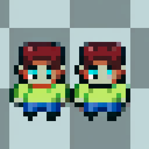 maroon-haired boy, green hoodie, white tee-shirt, blue pants, dark shoes, pixel art, sRGB, 32x32