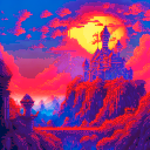 A towering, fiery castle overlooks a sprawling, desolate wasteland in the world of Elden Ring, rendered in vibrant, retro pixel art against a haunting sRGB background