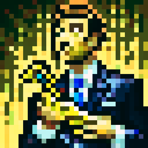Saxophonist in a sleek black suit and vibrant orange tie, captured in a 32x32 pixel game icon with skillful, close-up portrait art.