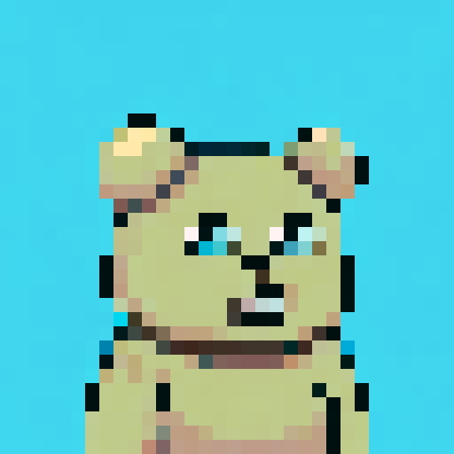 A pixel art image of an anthropomorphic bear character with a neutral expression, facing forward. The bear is light brown with a slightly darker muzzle, small round ears, and large blue eyes. It has a visible nose and mouth, and it appears to be wearing a dark gray collar. The background is a flat light blue color. The style is reminiscent of 8-bit video game graphics, with a square aspect ratio.