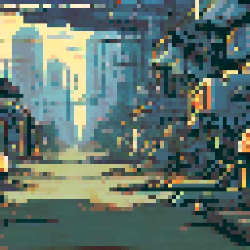run-down, apocalyptic atmosphere, pixel art, inside of a Futuristic robot factory, background